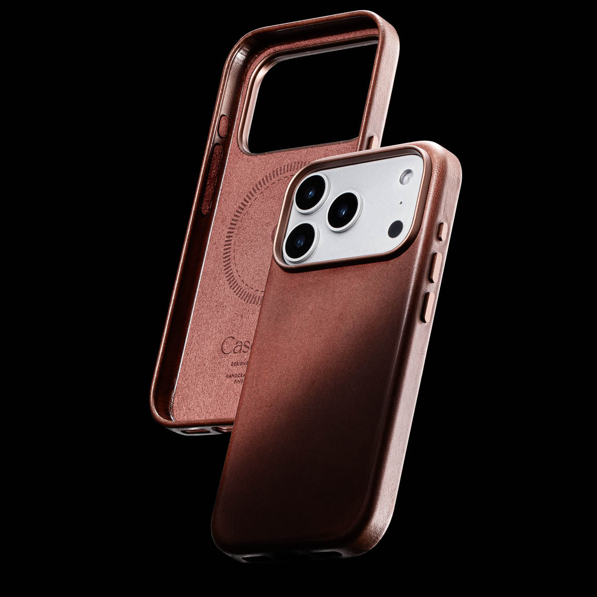 inside of dark brown iphone 18 pro leather case showing soft microfibre lining, magsafe ring and embossed casebelle branding