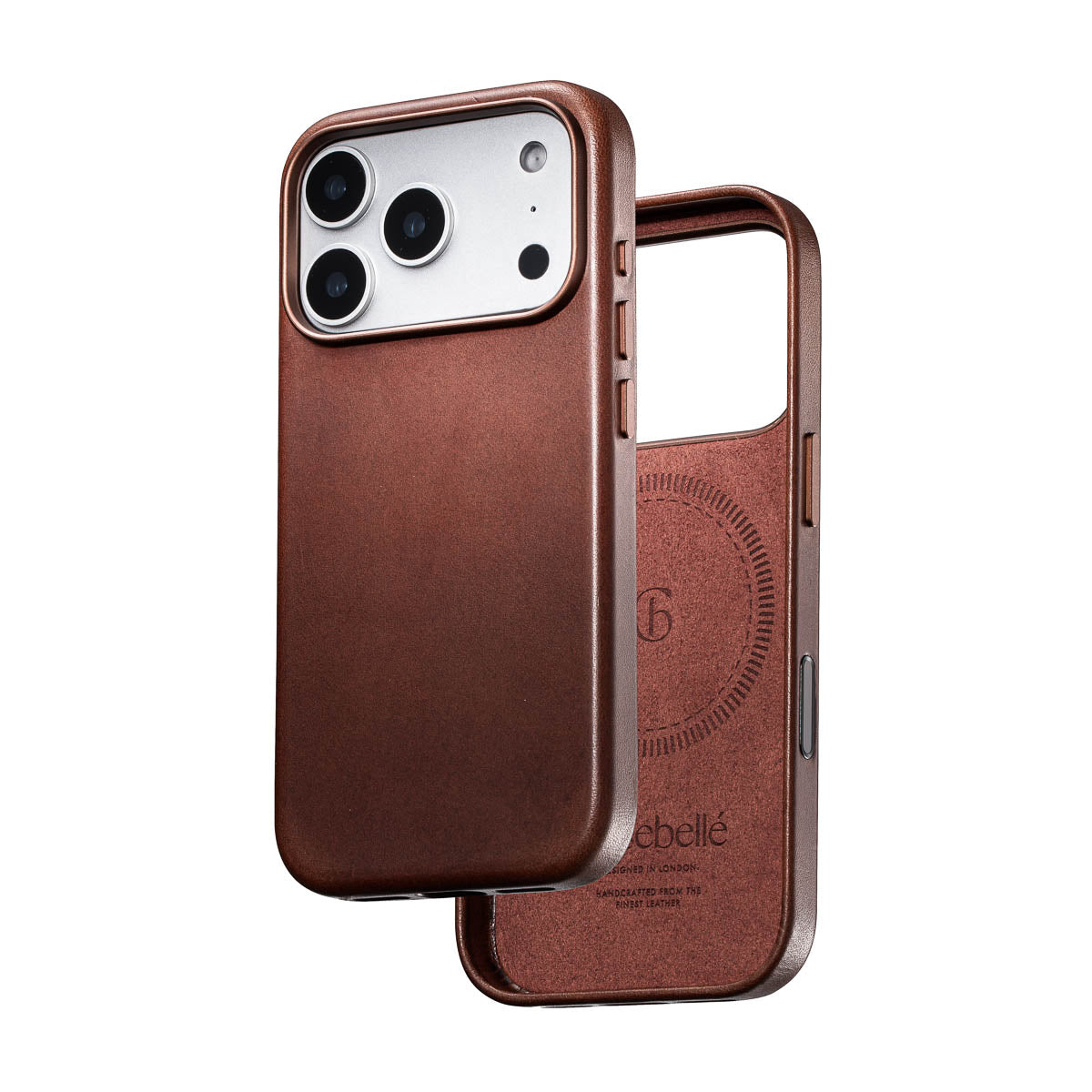 dark brown iphone 18 pro leather case shown front and back with magsafe lining and leather exterior