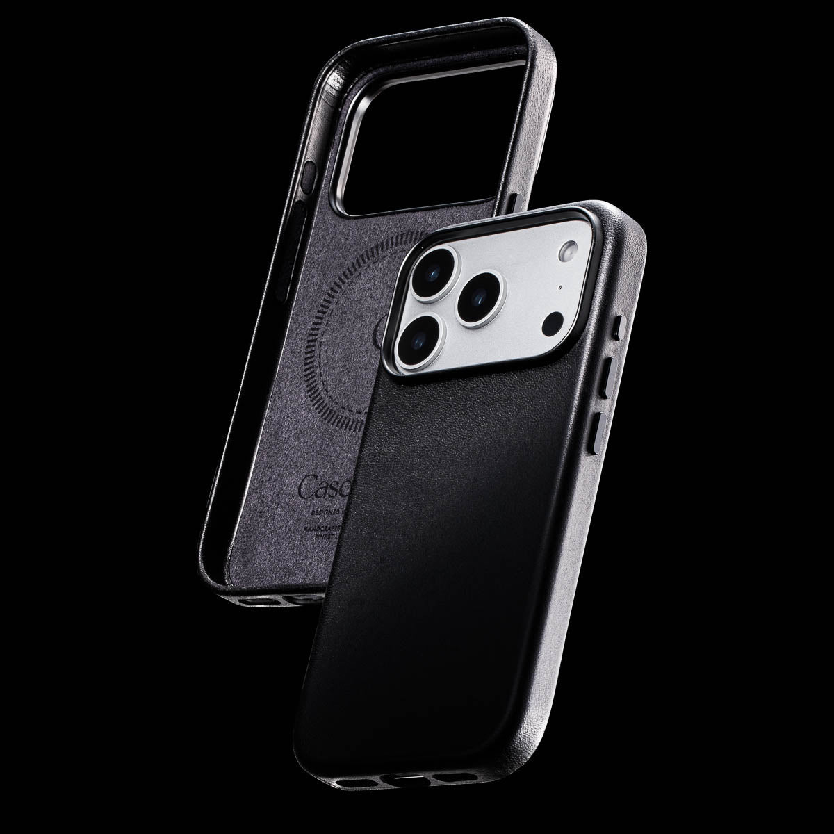 inside of noir black iphone 18 pro leather case showing soft microfibre lining, magsafe ring and embossed casebelle branding
