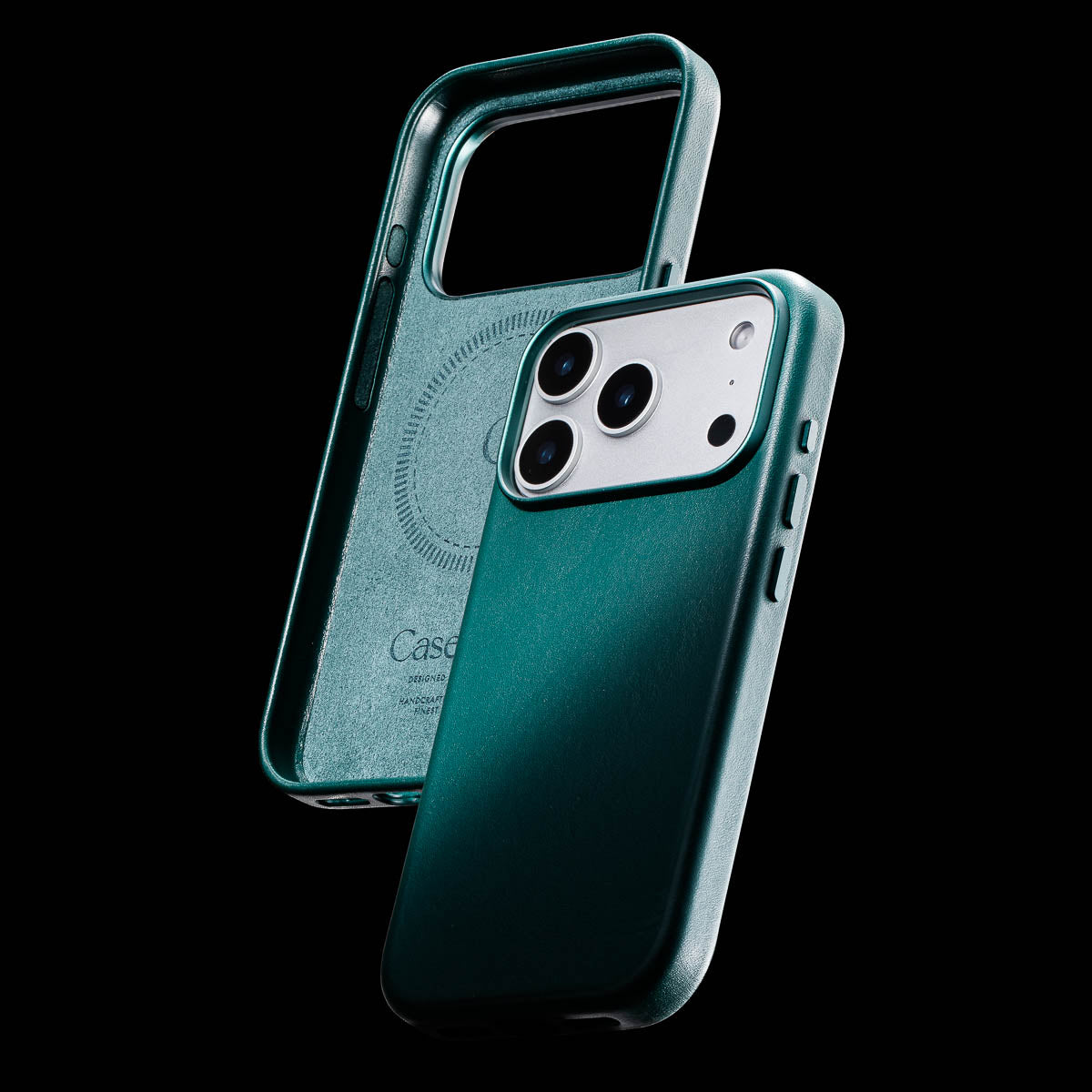inside of racing green iphone 18 pro leather case showing soft microfibre lining, magsafe ring and embossed casebelle branding