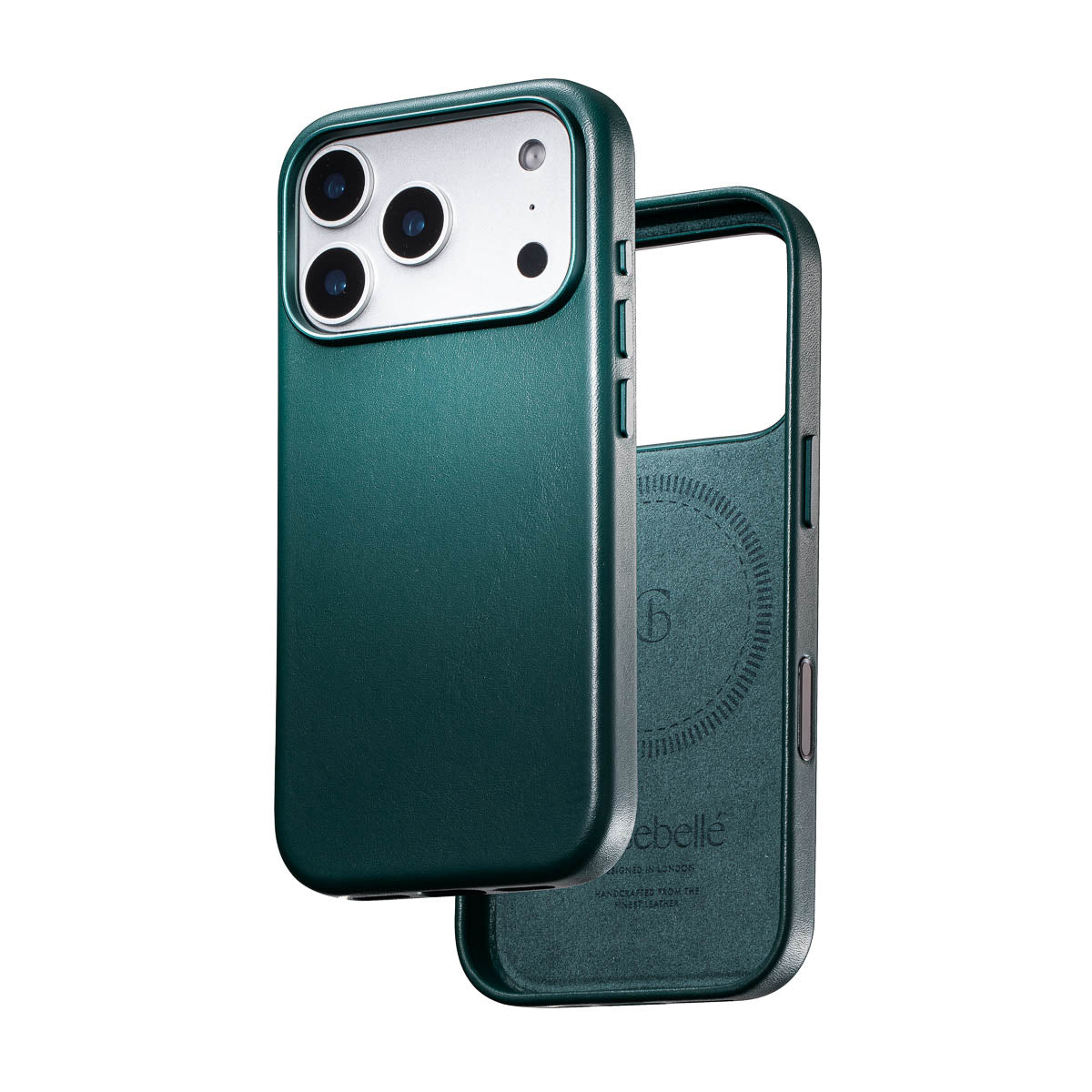 racing green iphone 18 pro leather case shown front and back with magsafe lining and leather exterior