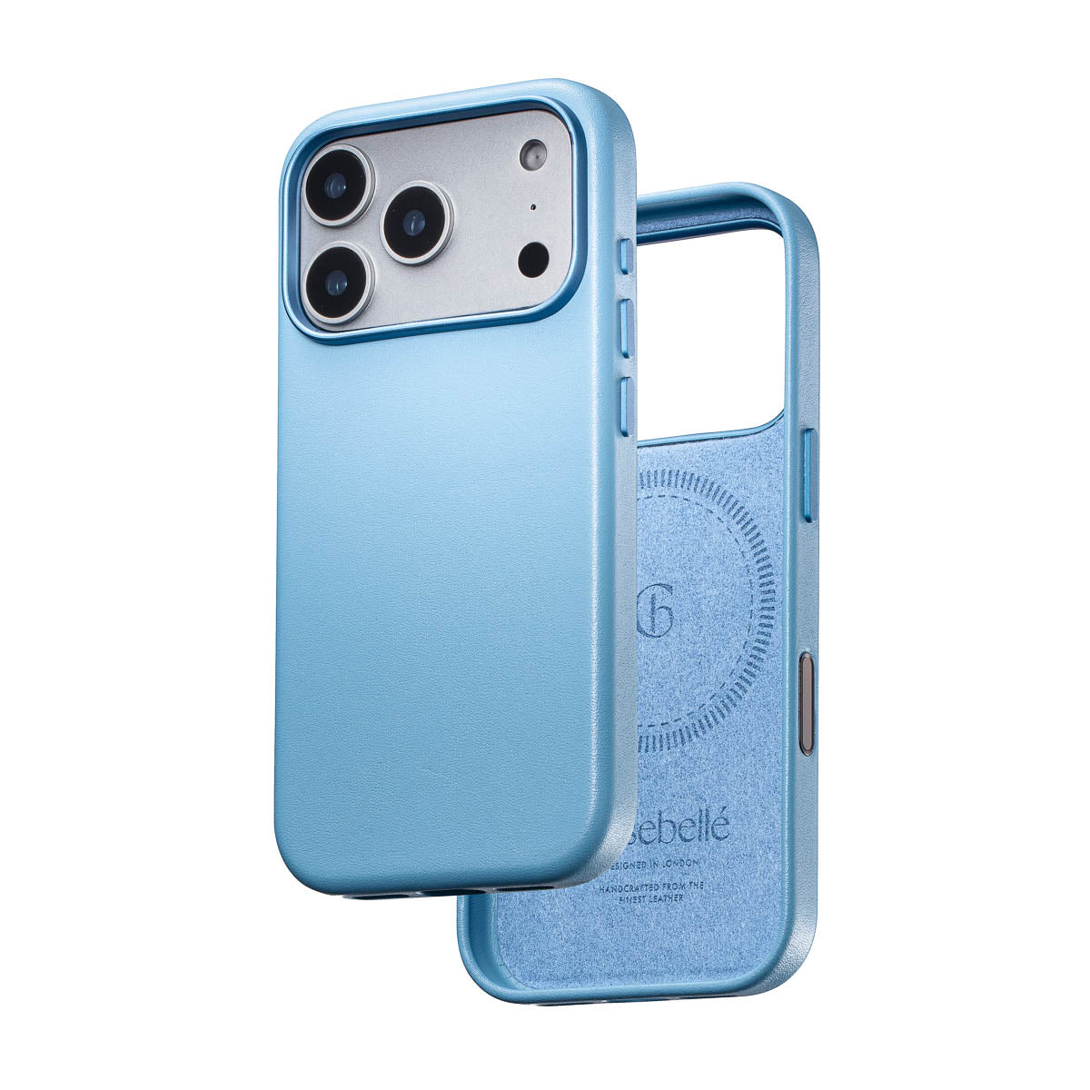 sky blue iphone 18 pro leather case shown front and back with magsafe lining and leather exterior