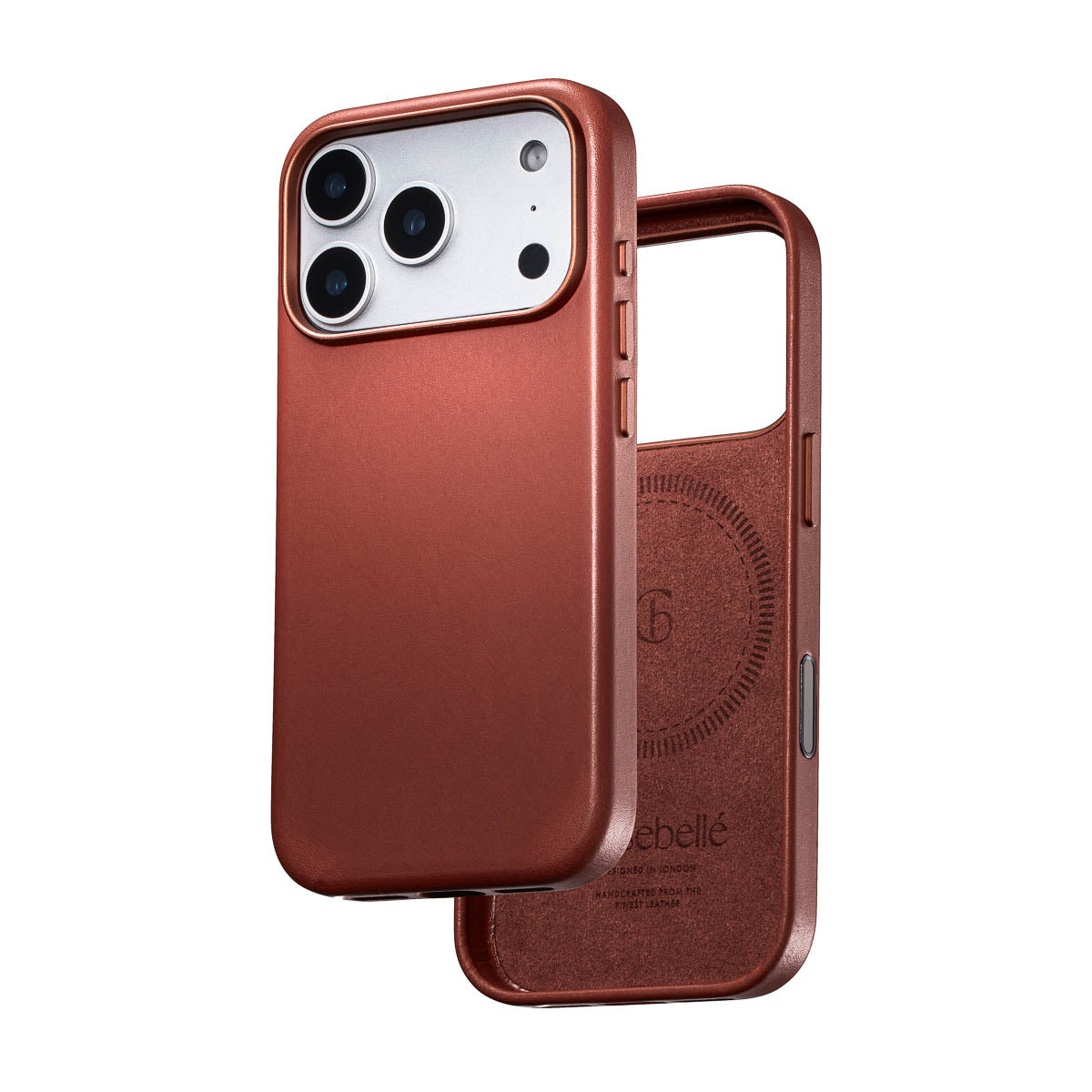 umber iphone 18 pro leather case shown front and back with magsafe lining and leather exterior