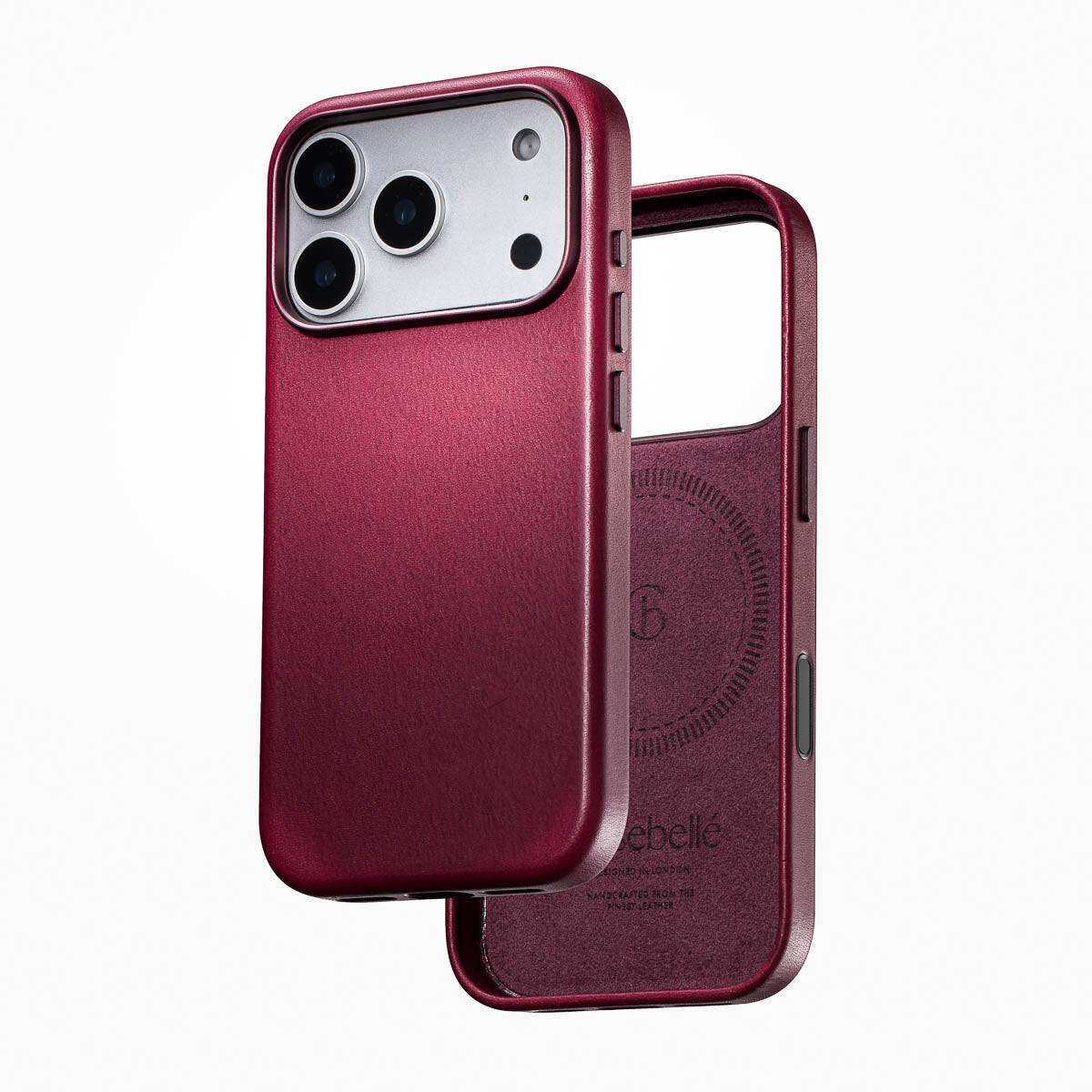 cherry iphone 18 pro max leather case shown front and back with magsafe lining and leather exterior