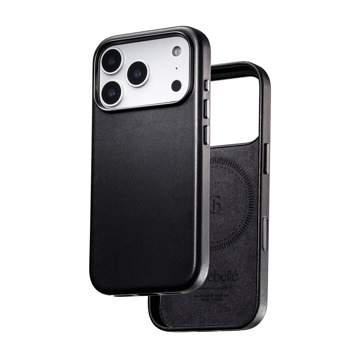 noir black iphone 18 pro max leather case shown front and back with magsafe lining and leather exterior