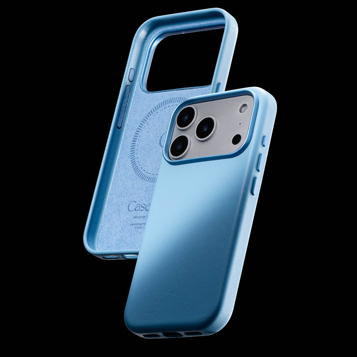 inside of sky blue iphone 18 pro max leather case showing soft microfibre lining, magsafe ring and embossed casebelle branding