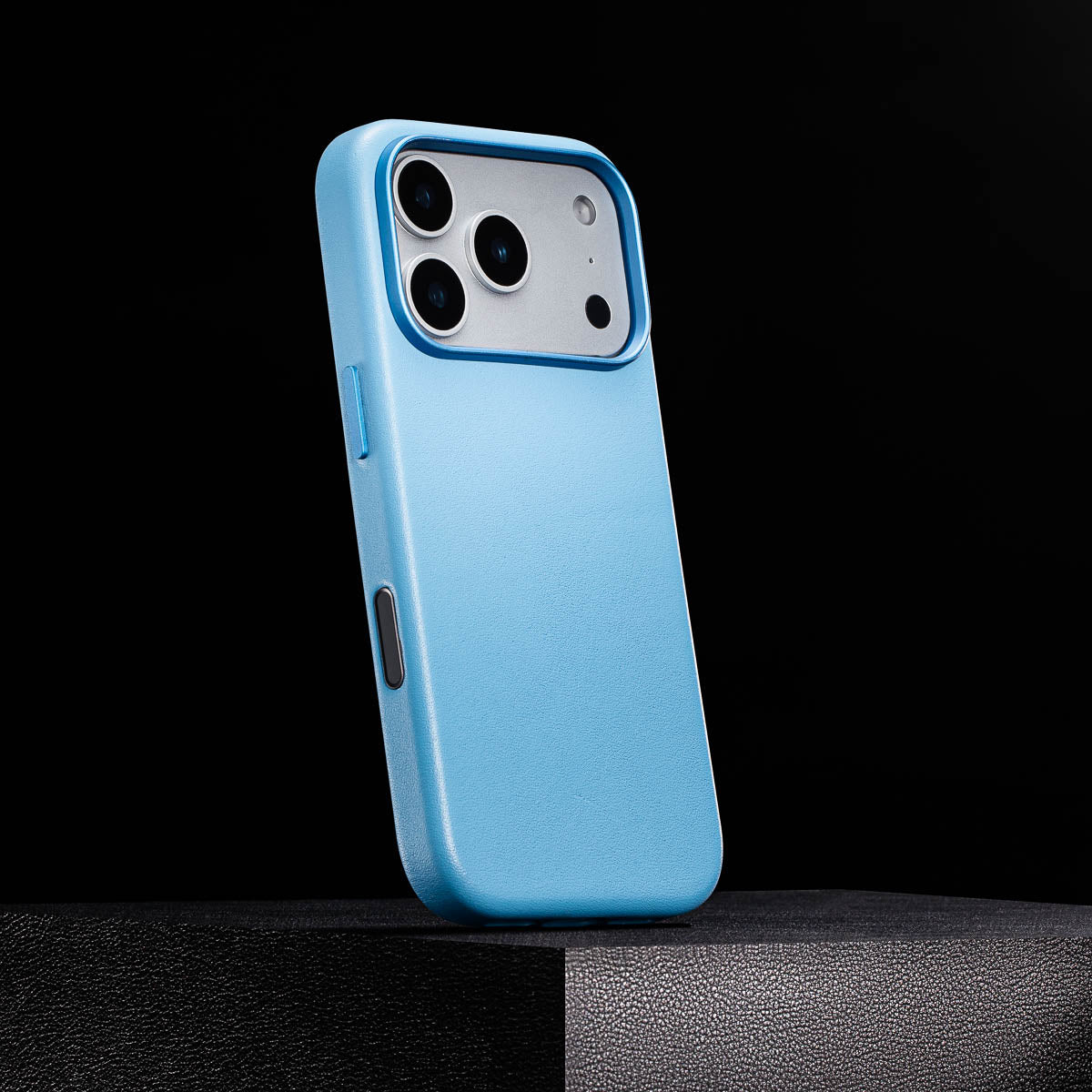 side view of sky blue iphone 18 pro max leather case with colour matched metal buttons and camera control button