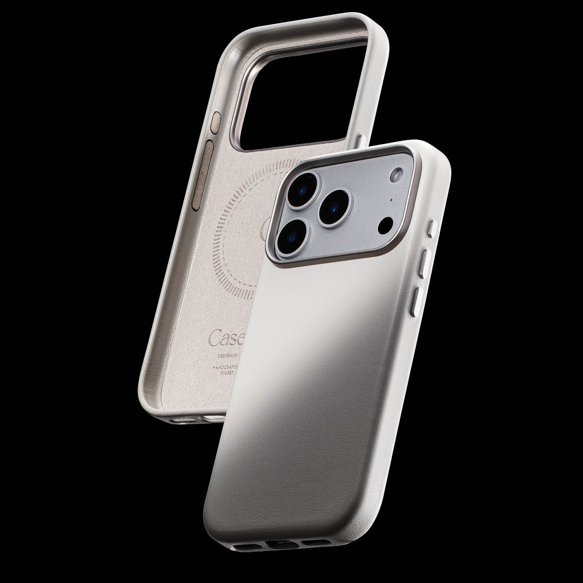 inside of stone grey iphone 18 pro max leather case showing soft microfibre lining, magsafe ring and embossed casebelle branding