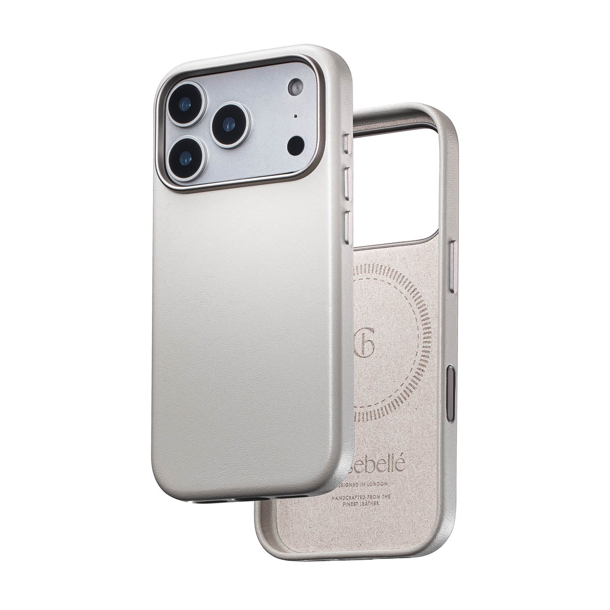 stone grey iphone 18 pro max leather case shown front and back with magsafe lining and leather exterior