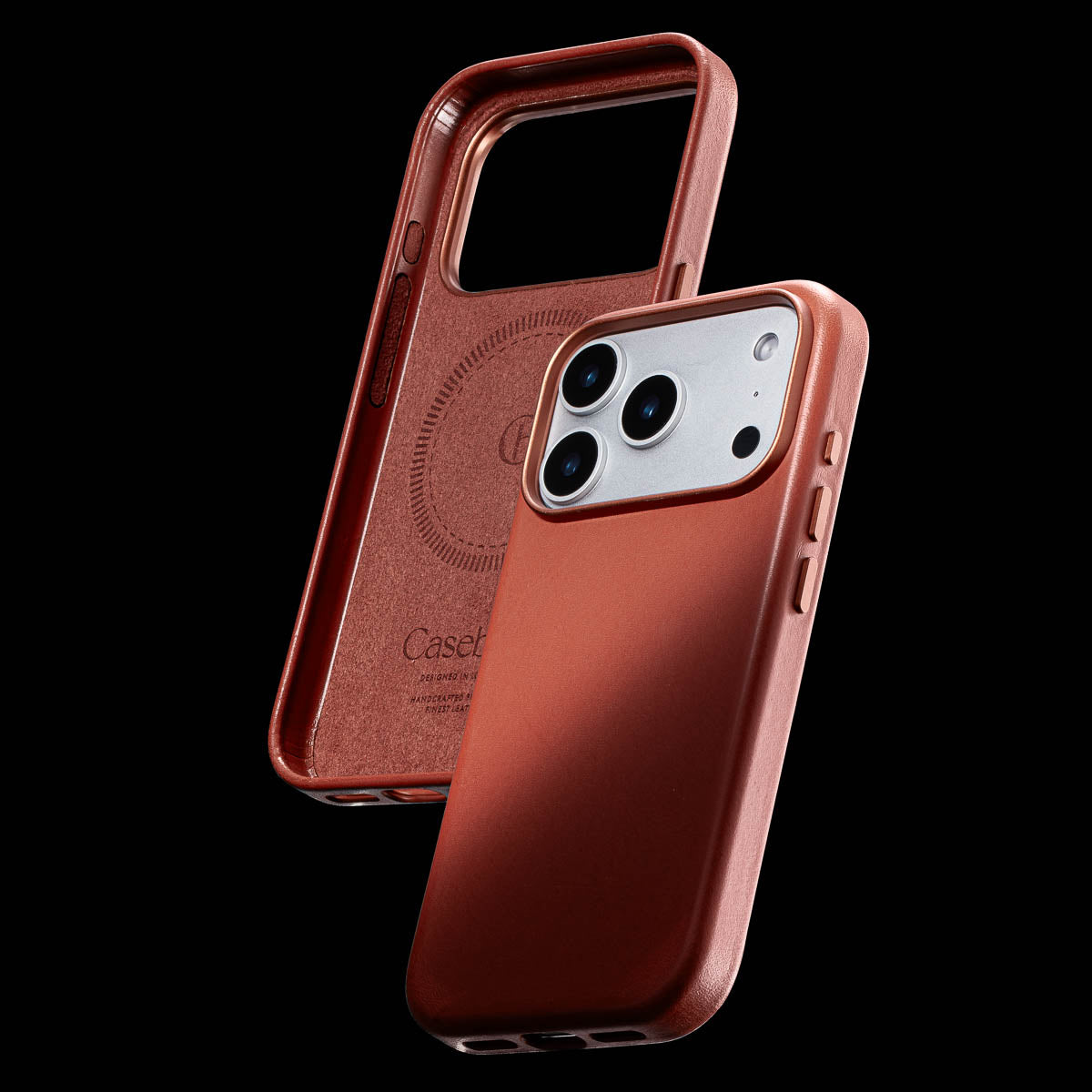 inside of umber iphone 18 pro max leather case showing soft microfibre lining, magsafe ring and embossed casebelle branding