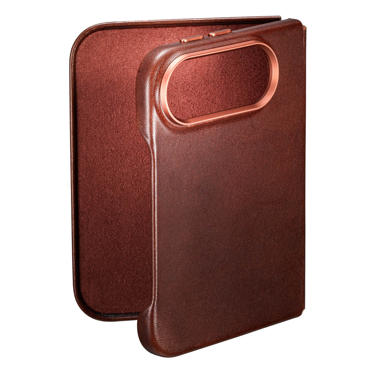 Dark Brown leather iPhone Duo case, full-grain vachetta texture detail