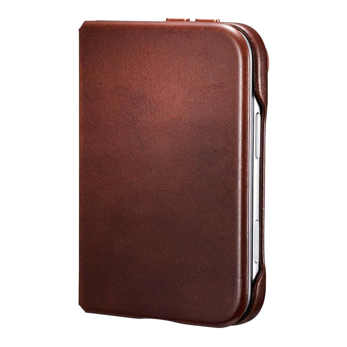 iPhone Duo leather folio case in Dark Brown, closed protecting the inner display