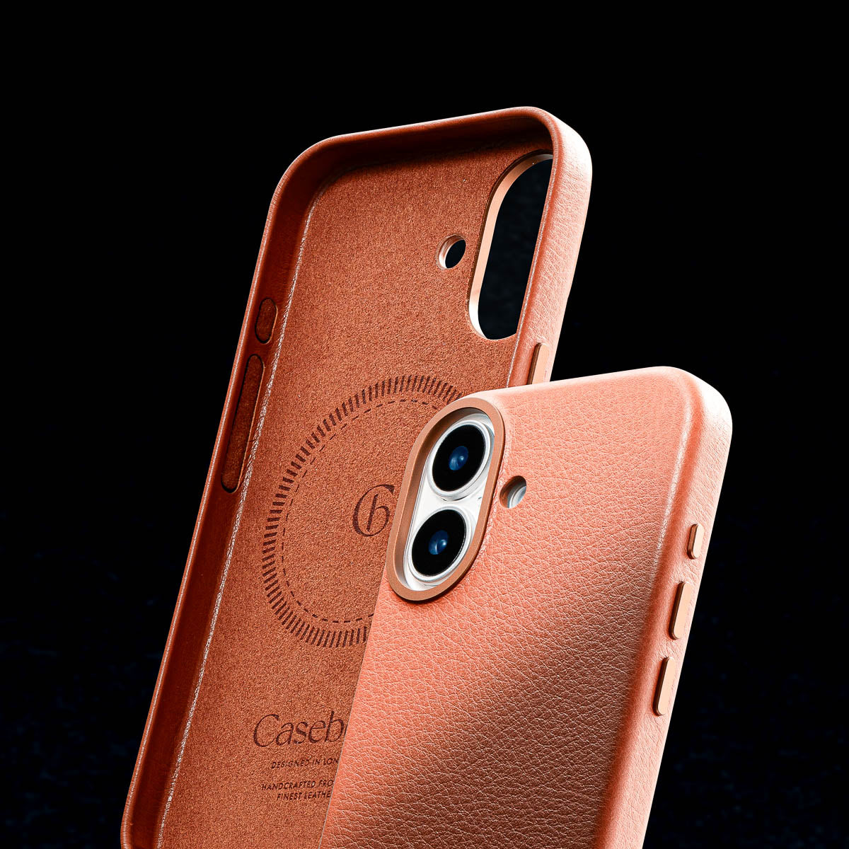 soft suede microfiber interior lining of iphone 17 max cognac brown leather case by casebelle