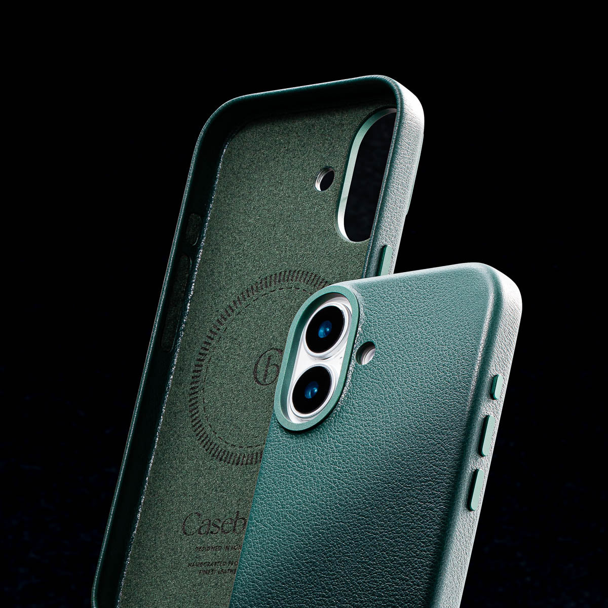 soft suede microfiber interior lining of iphone 17 max racing green leather case by casebelle