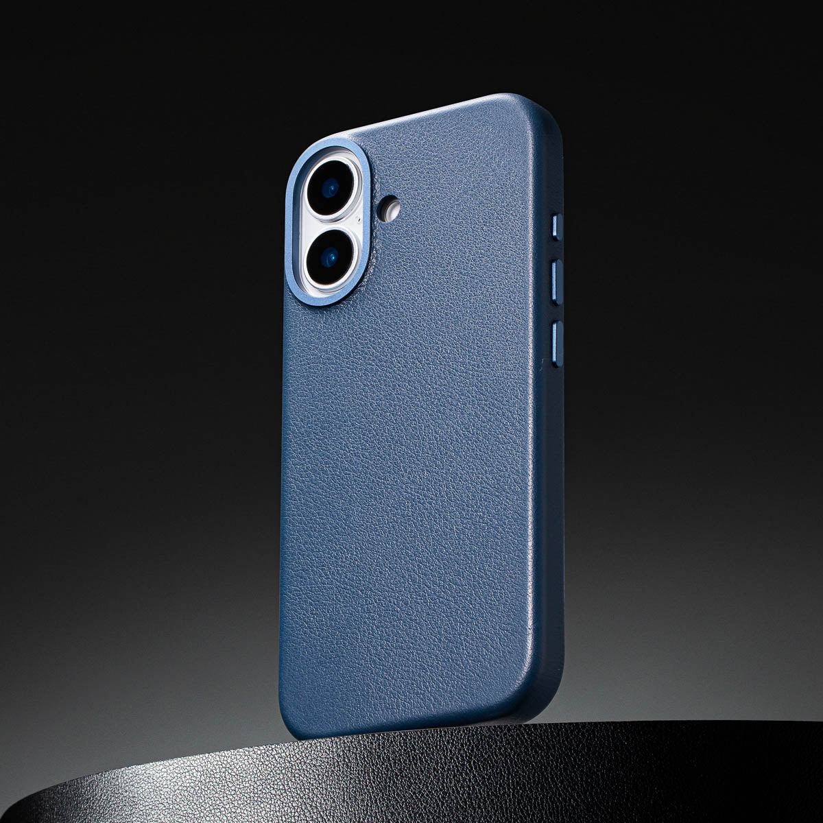 close up of steel blue leather case for iphone 17 max showing full grain italian leather texture