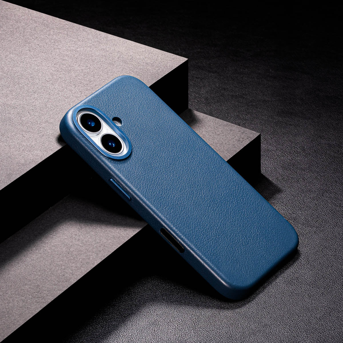 slim steel blue iphone 17 max leather case showing thin profile and curved edges
