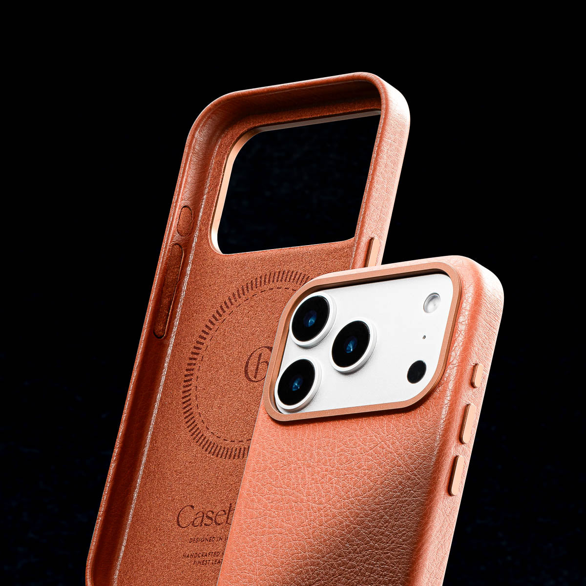 soft suede microfiber interior lining of iphone 17 pro max cognac brown leather case by casebelle