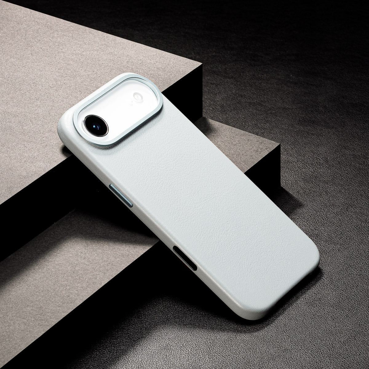 slim pale blue iphone air leather case showing thin profile and curved edges