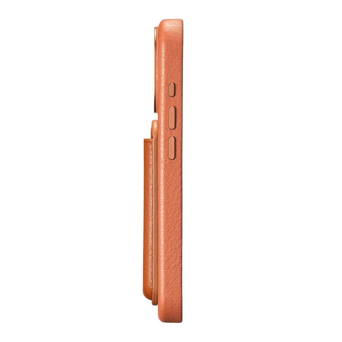 Cognac Brown leather MagSafe wallet attached to iPhone with strong magnetic hold