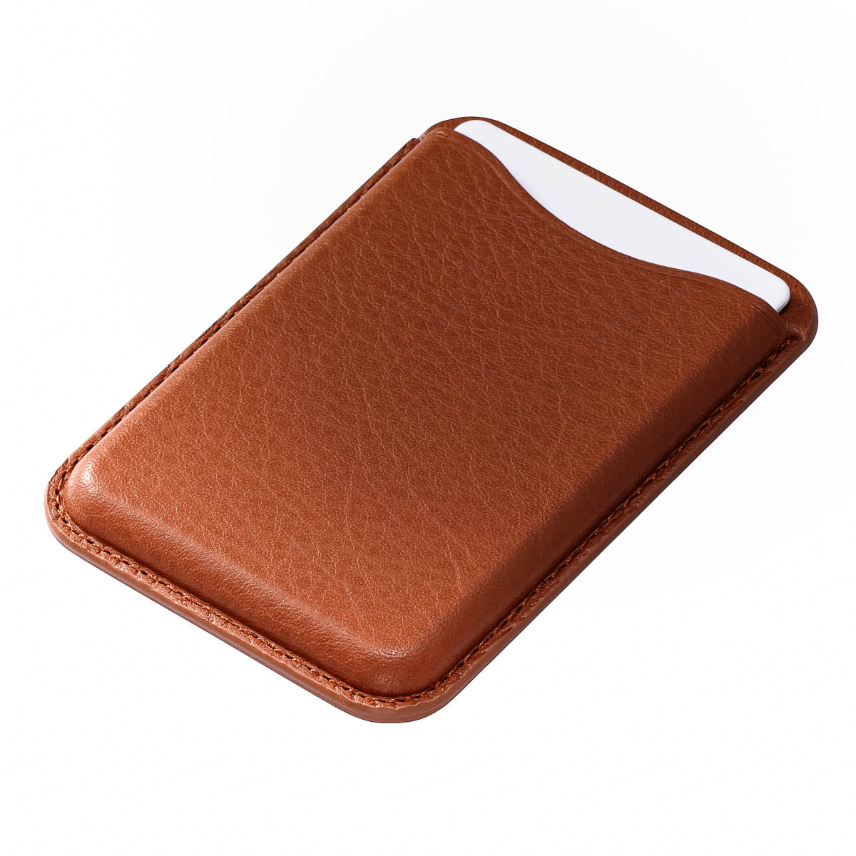 close-up of Cognac Brown full-grain leather texture on Casebelle MagSafe wallet
