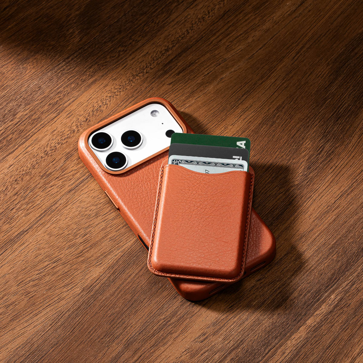 Cognac Brown leather MagSafe wallet showing slim profile and compact design