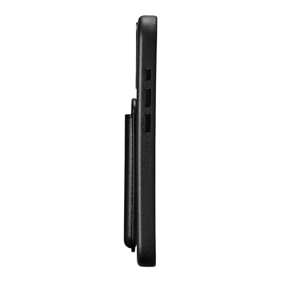 Obsidian Black leather MagSafe wallet attached to iPhone with strong magnetic hold