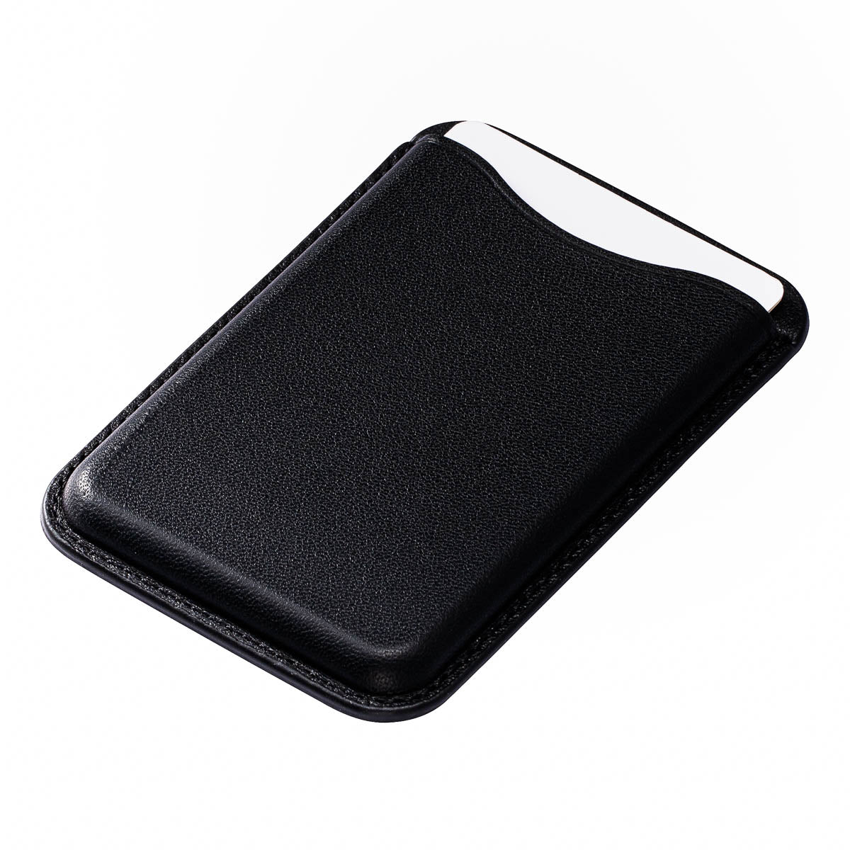close-up of Obsidian Black full-grain leather texture on Casebelle MagSafe wallet