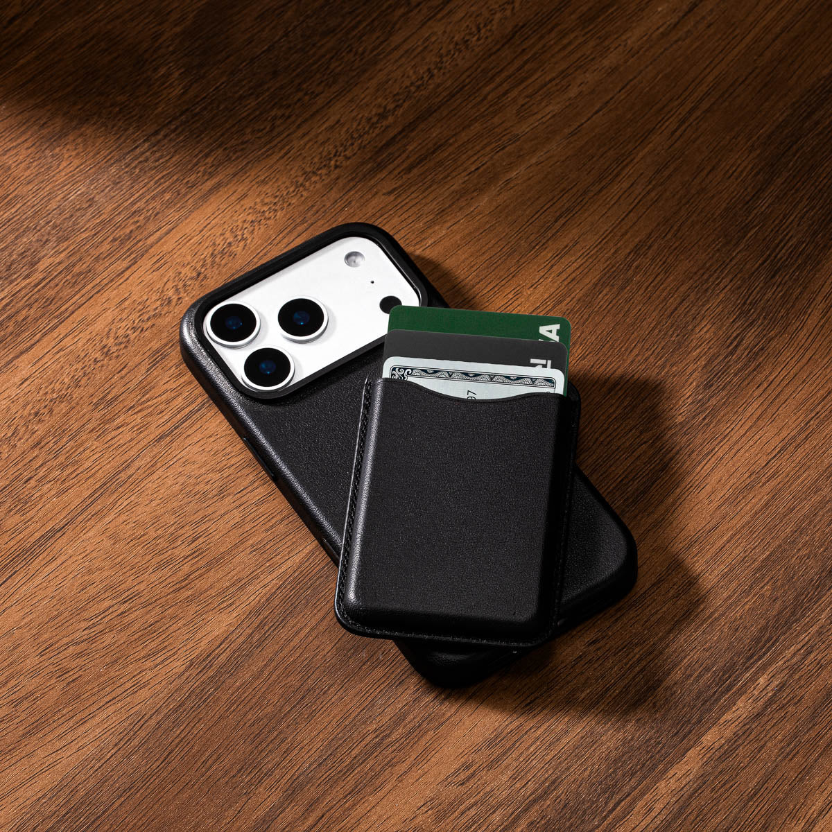 Obsidian Black leather MagSafe wallet showing slim profile and compact design