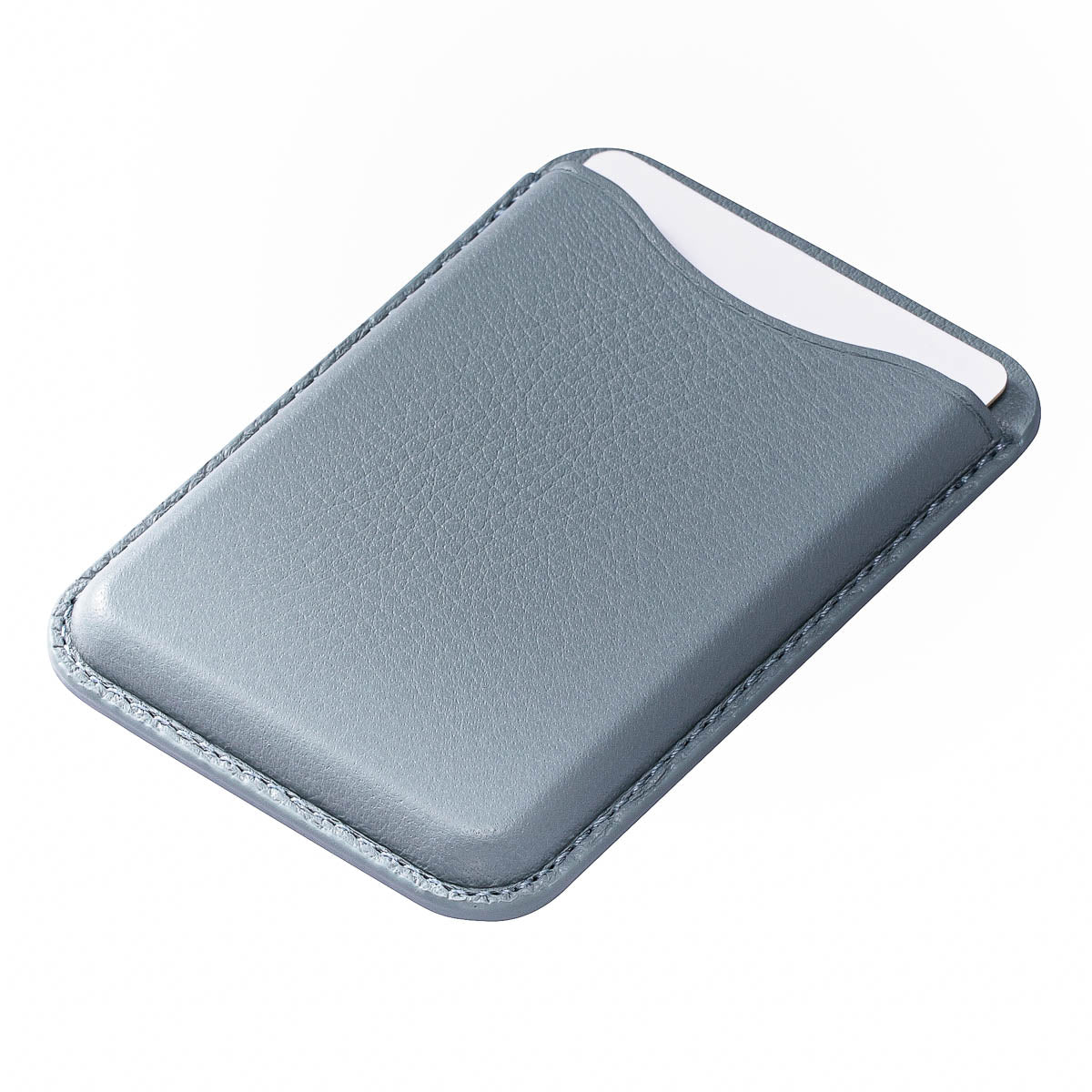close-up of Pale Blue full-grain leather texture on Casebelle MagSafe wallet