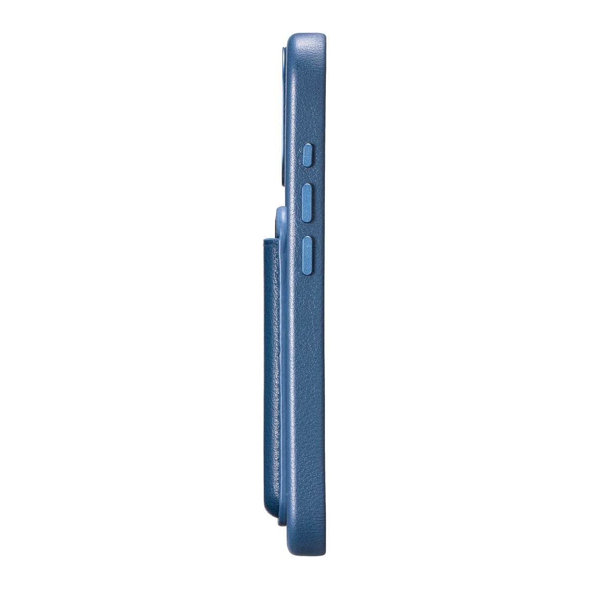 Steel Blue leather MagSafe wallet attached to iPhone with strong magnetic hold