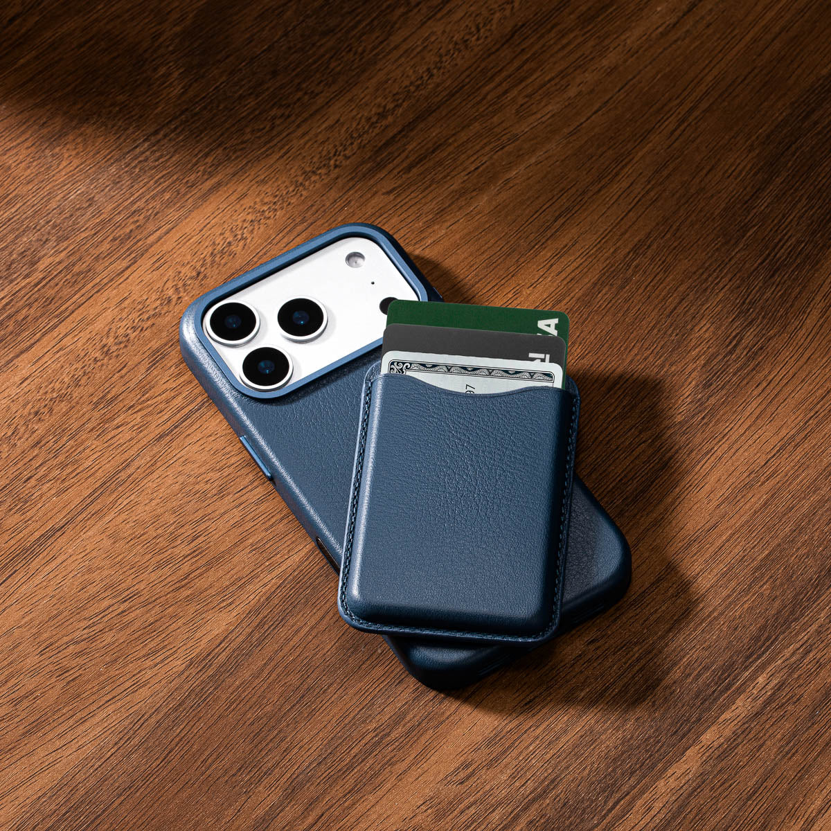 Steel Blue leather MagSafe wallet showing slim profile and compact design