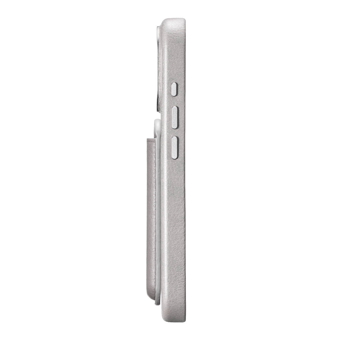 Stone Grey leather MagSafe wallet attached to iPhone with strong magnetic hold