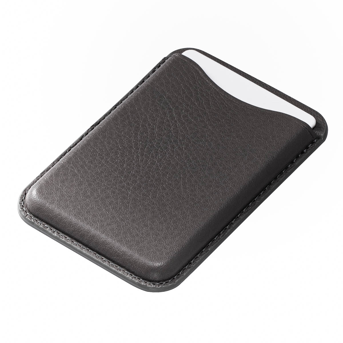 close-up of Stone Grey full-grain leather texture on Casebelle MagSafe wallet
