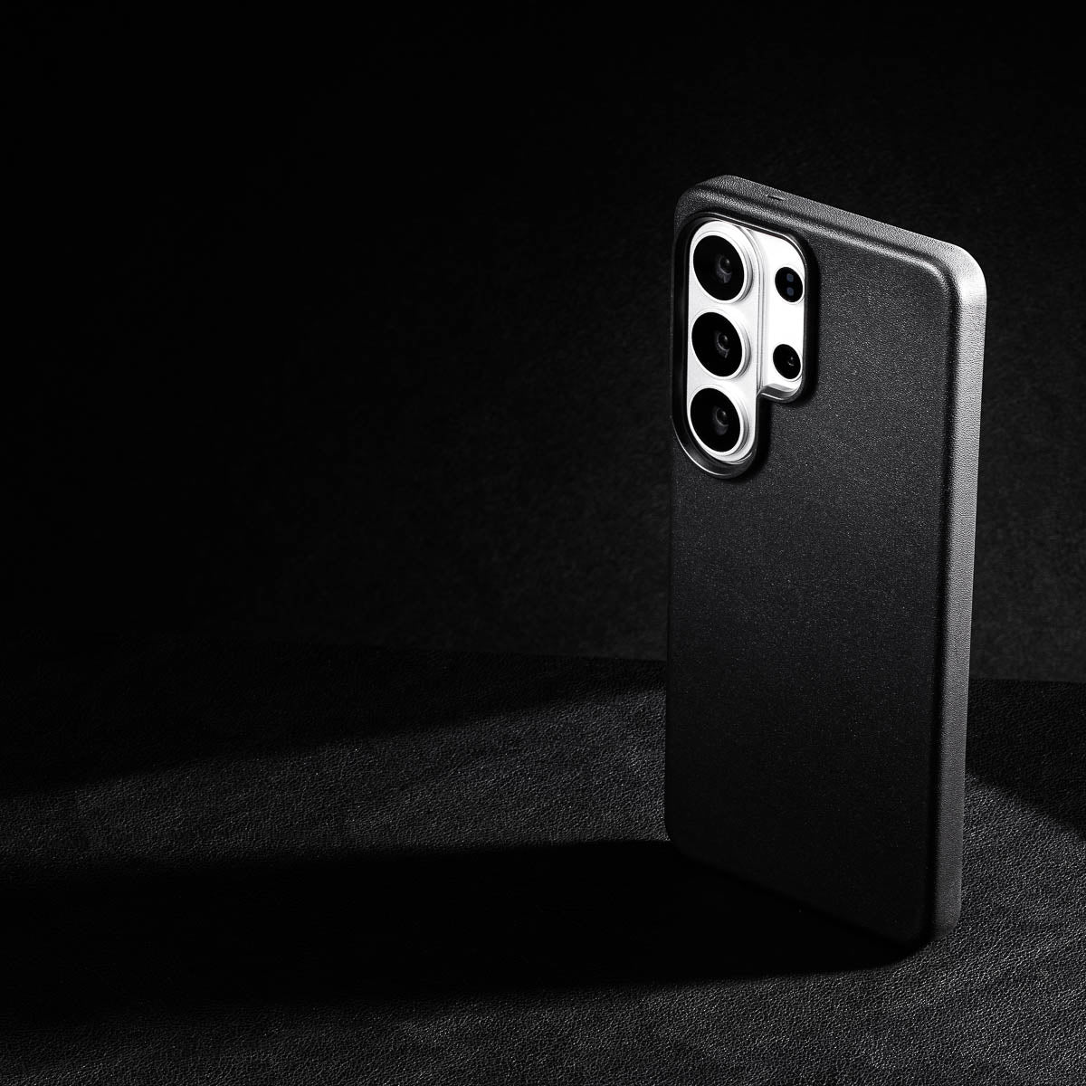 slim Obsidian Black Samsung Galaxy S26 Ultra leather case showing thin profile and curved edges