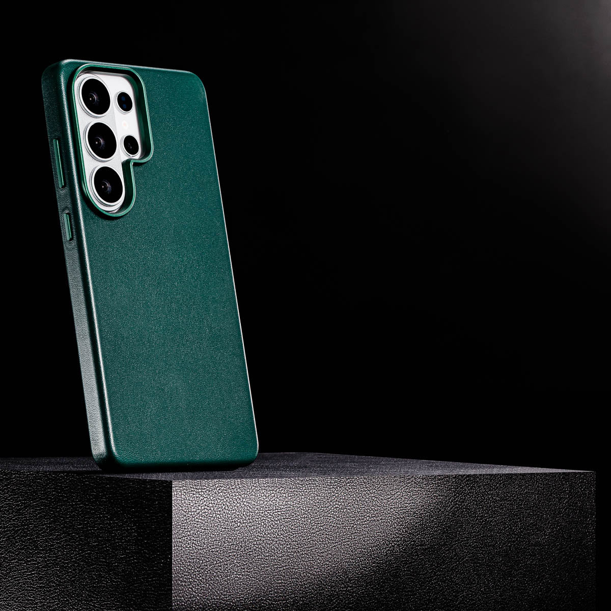 raised camera ring and colour-matched metal buttons on Racing Green Samsung Galaxy S26 Ultra leather case