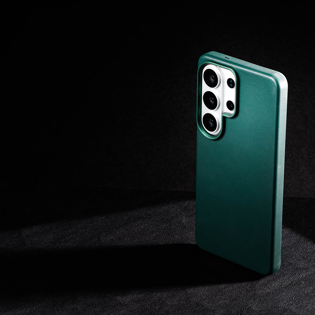 slim Racing Green Samsung Galaxy S26 Ultra leather case showing thin profile and curved edges